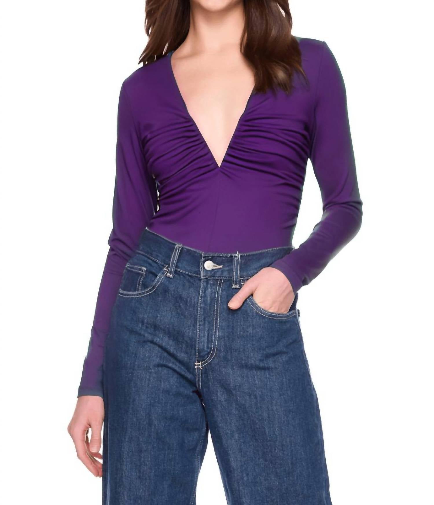 Susana Monaco V Wire Gathered Long Sleeve Top in plum - women's blouse