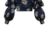 Andres Otalora Women's Zinu Cropped Blouse in navy dots abstract border print - women's blouse - view 4