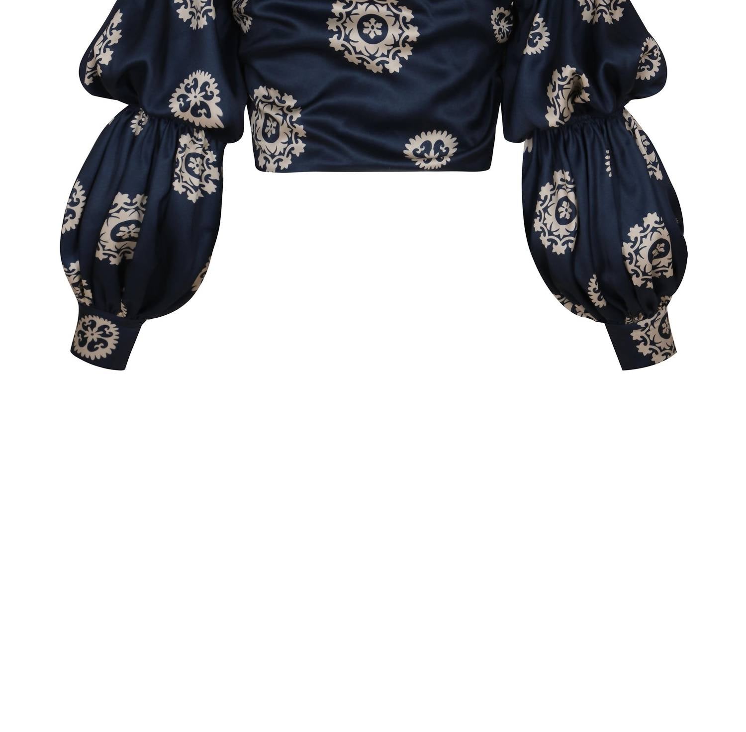 Andres Otalora Women's Zinu Cropped Blouse in navy dots abstract border print - women's blouse - view 4