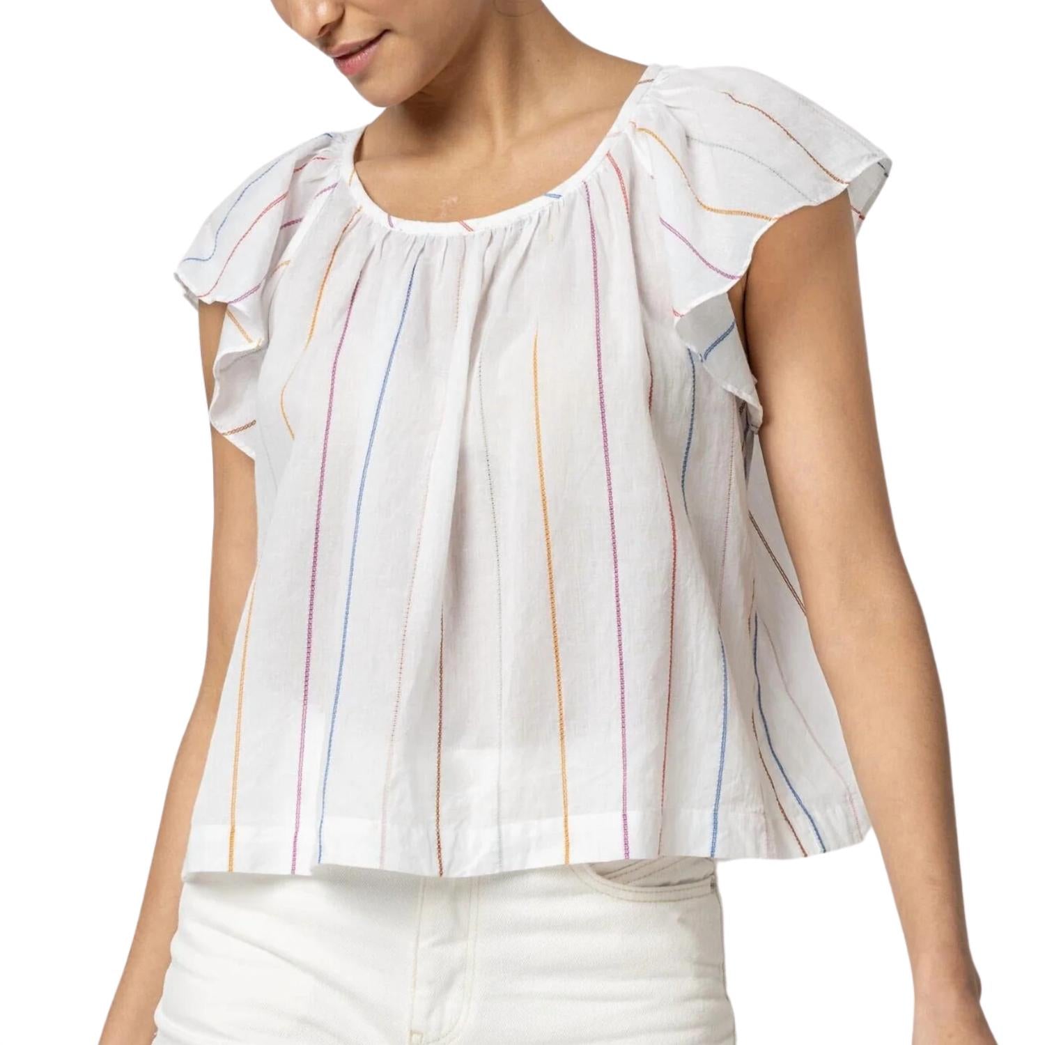 Lilla P Women's Shirred Short Sleeve Raglan Top in multi stripe - women's blouse