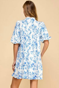 Tcec - Floral Print Puffed Sleeves Accent Bow Mini Dress