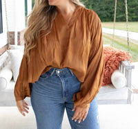 GLAM Color Metallic Long Sleeve Blouse in caramel - women's blouse - detail view