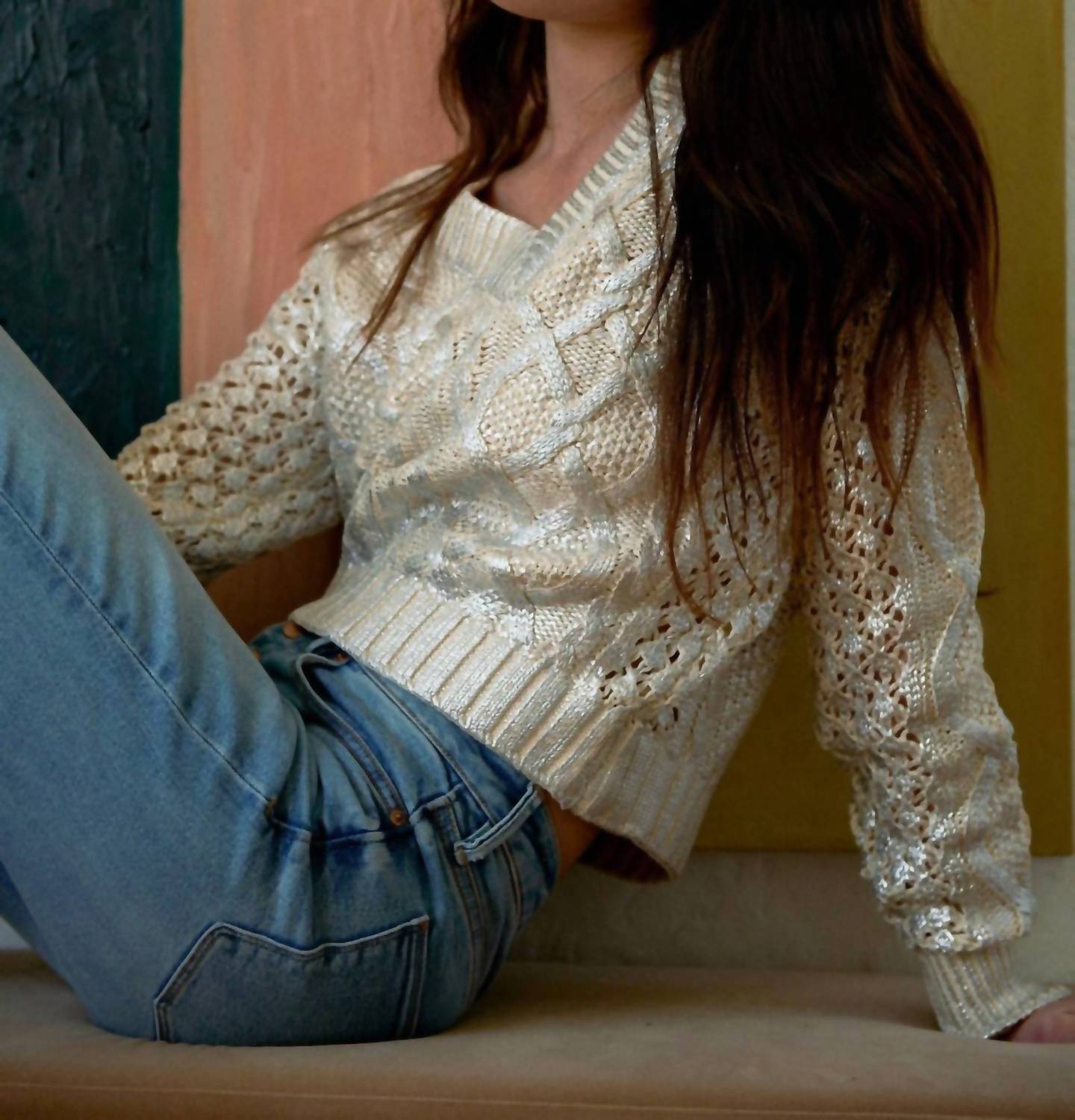 Another Love - Claudia V Neck Textured Metallic Sweater