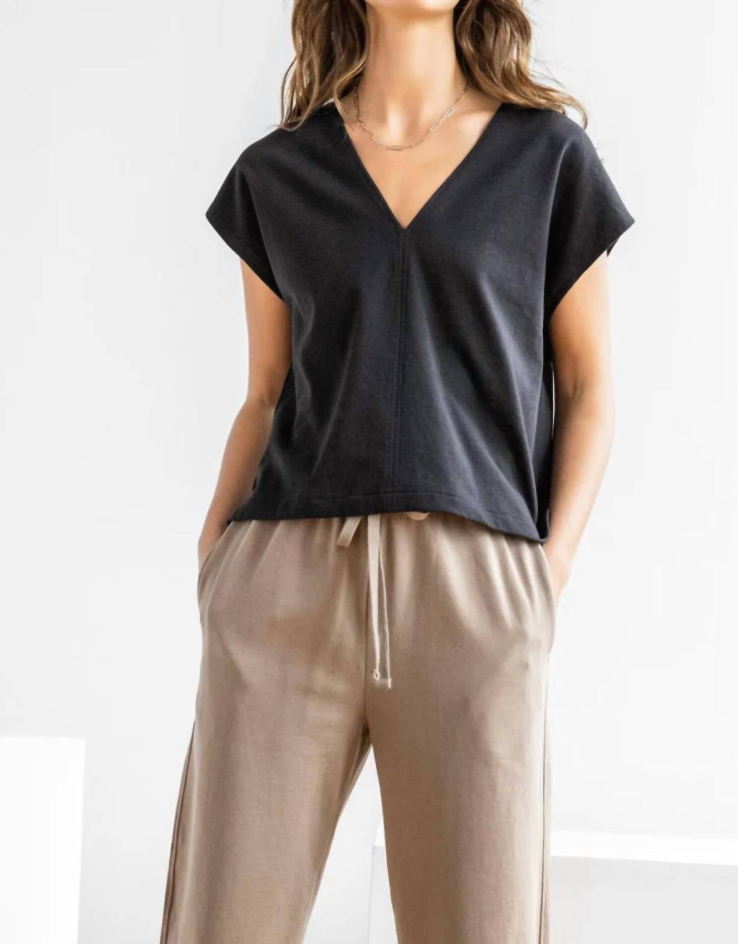 Lilla P Double V-Neck Tee in black - women's t-shirt