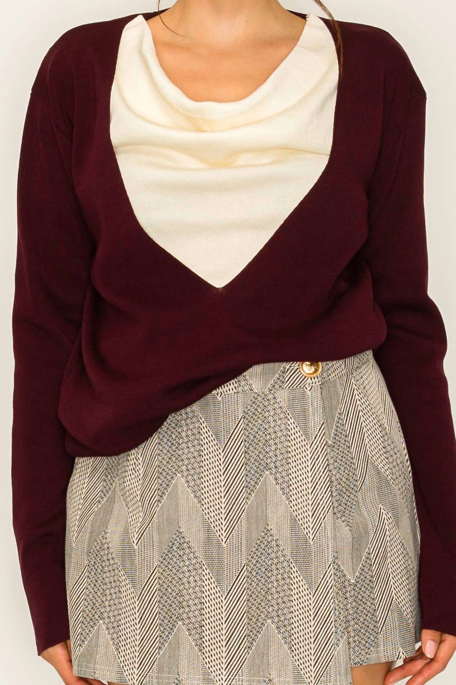 Dripsen - Two-tone Knit Top With Draped Contrast Detail