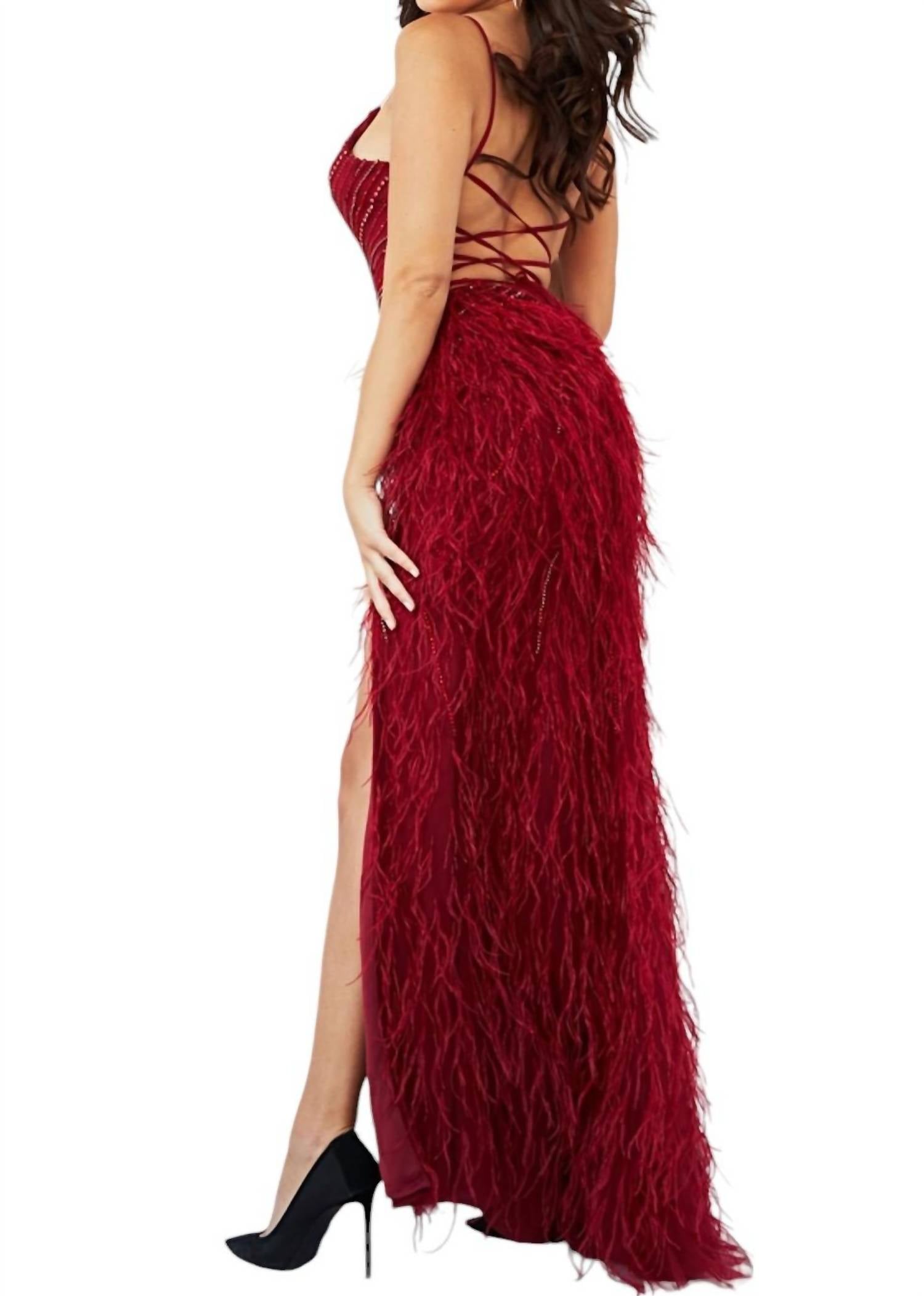 Jovani - SLEEVELESS BEADED BODICE FEATHER SKIRT DRESS