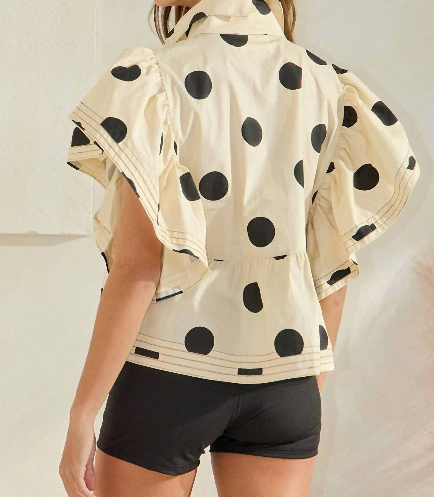 Bucketlist - Ruffle Sleeves Pintuck Detail Polka Dot Print Top