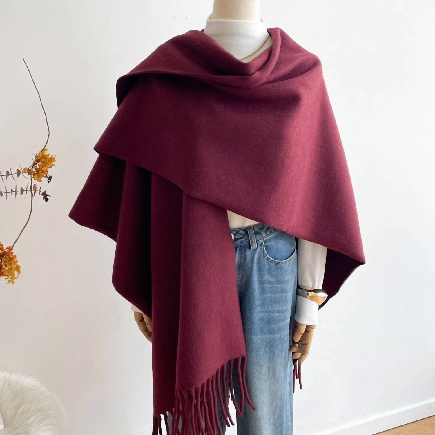 ACCITY Women's Solid Color Thick Cape Scarf in wine 1 - women's scarf - alternate view