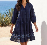 Karen Kane - Blouson Sleeve Embroidered Lace Trim Tiered Dress