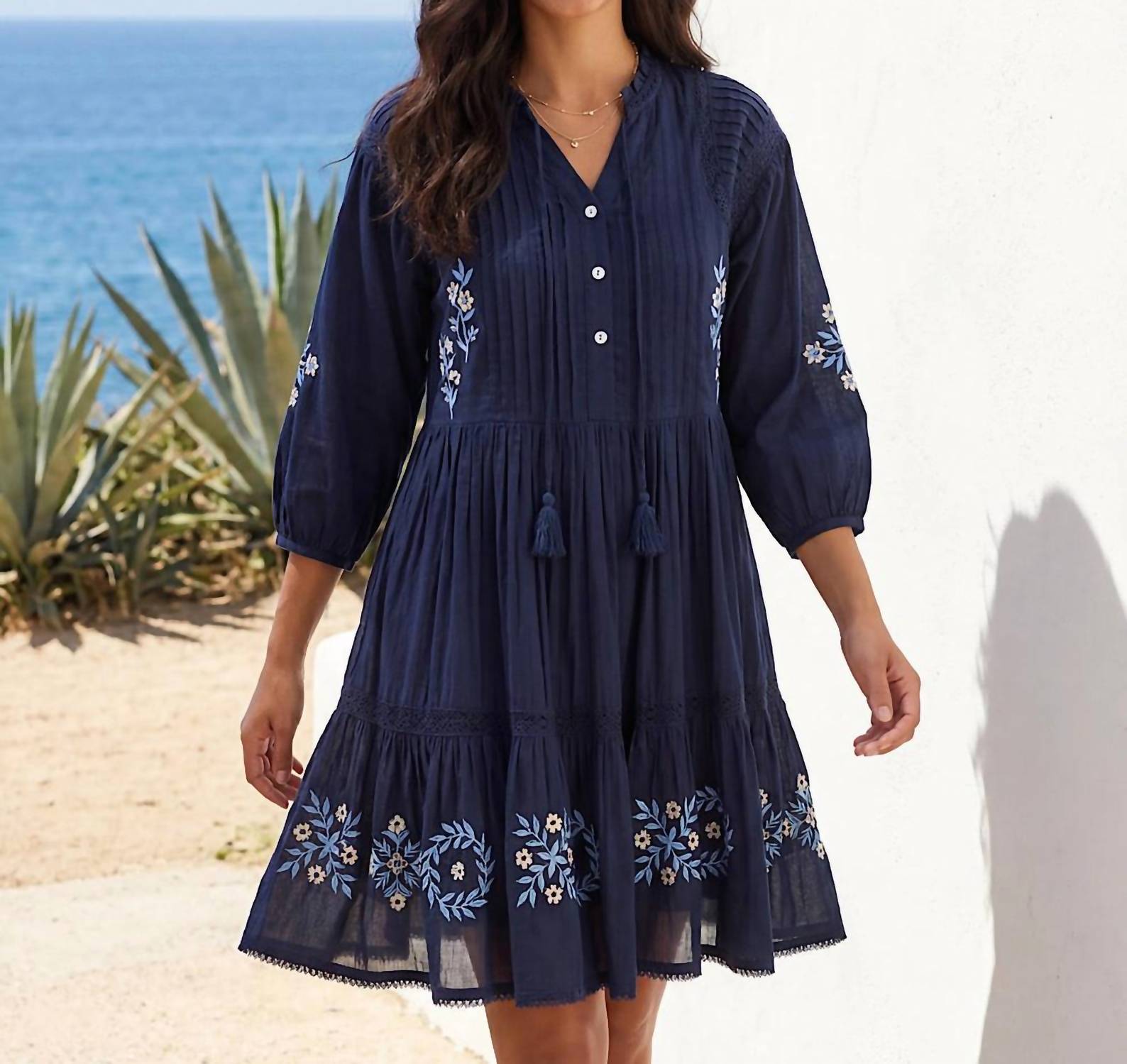Karen Kane - Blouson Sleeve Embroidered Lace Trim Tiered Dress
