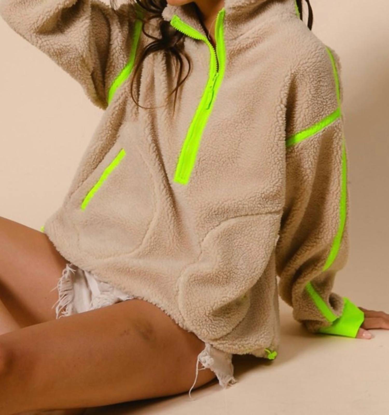 Bibi - Contrast Edge Half Zip Up Sherpa Jacket With Pockets