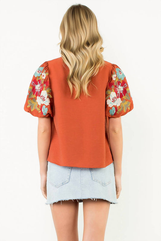 Thml - Embroidered Detail Puff Sleeve V Neck Top