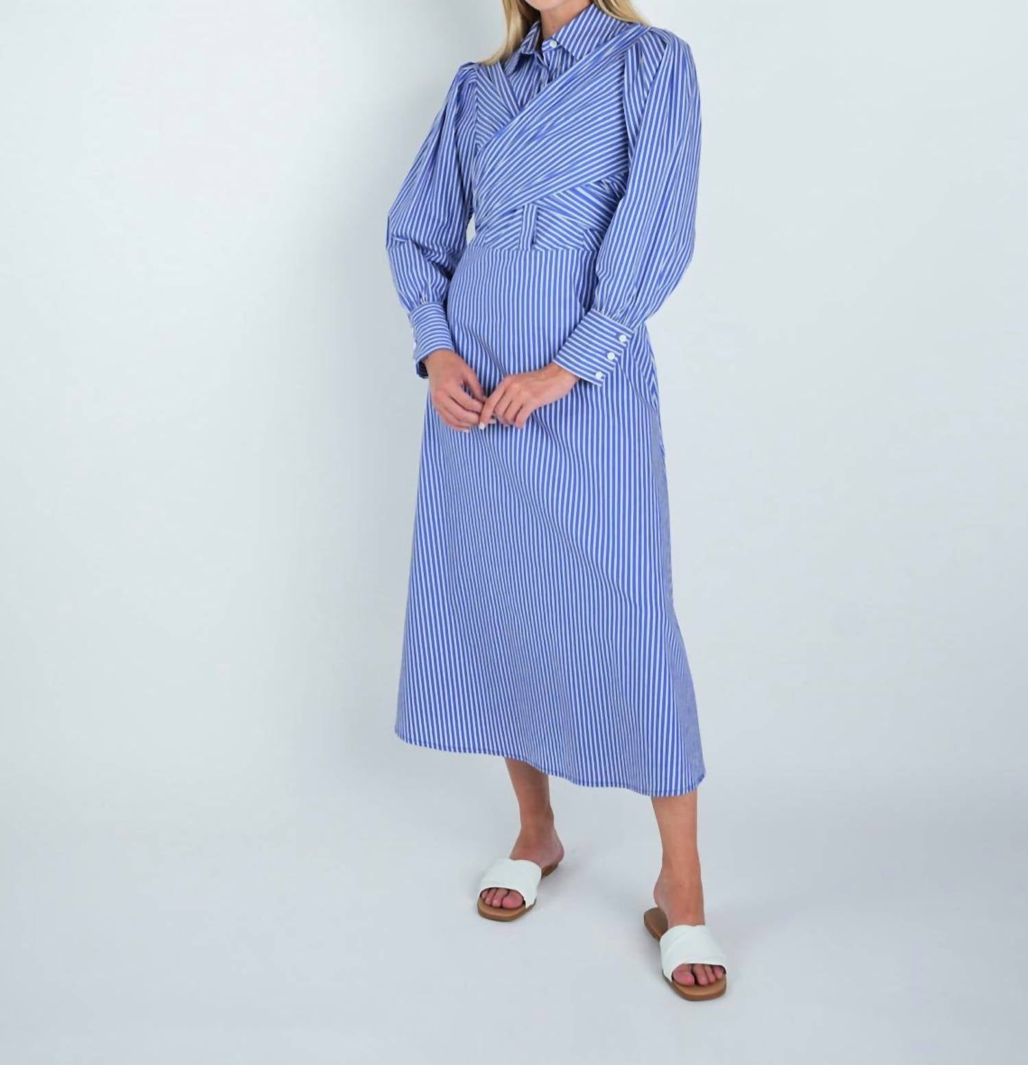 John Abgin - Cotton Striped Criss-Cross Midi Shirt Dress