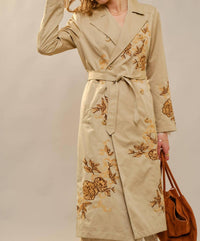 Blue B - Women's Floral Embroidered Double Breasted Belted Trench Coat