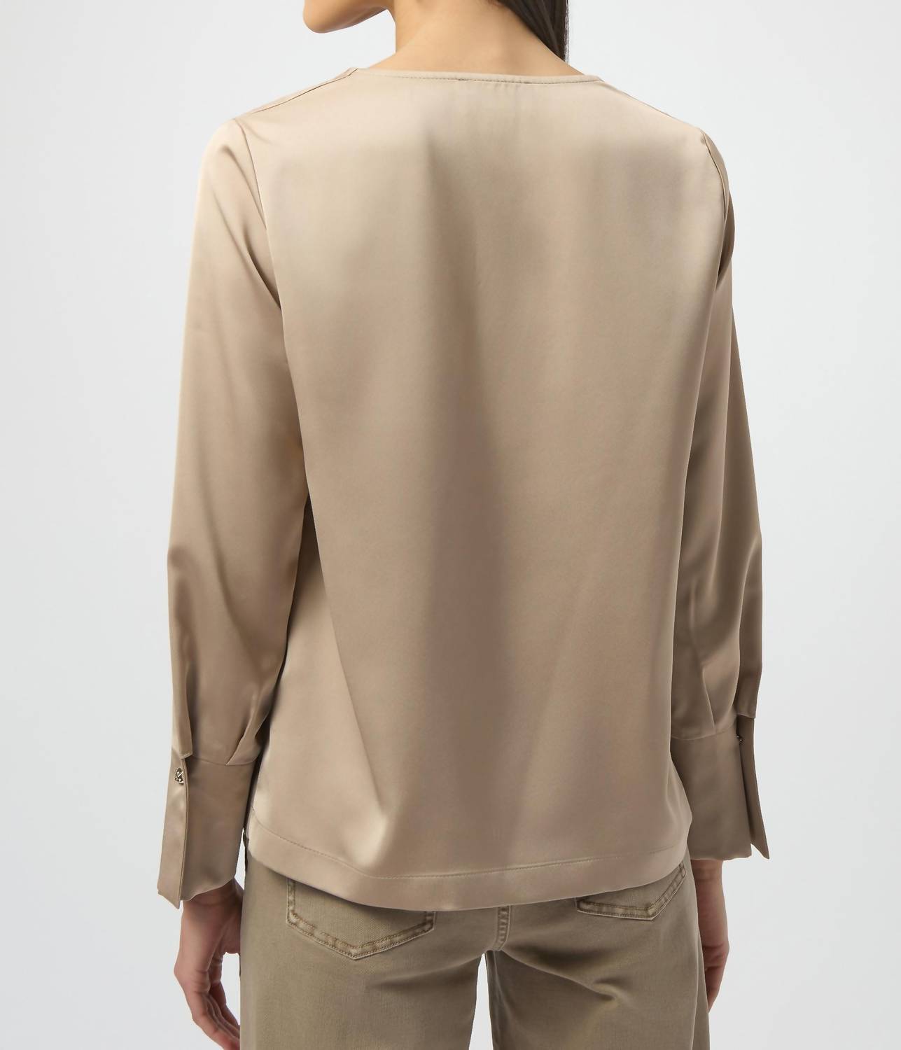Joseph Ribkoff Recycled Satin Top in fawn - women's long sleeve top - detail view