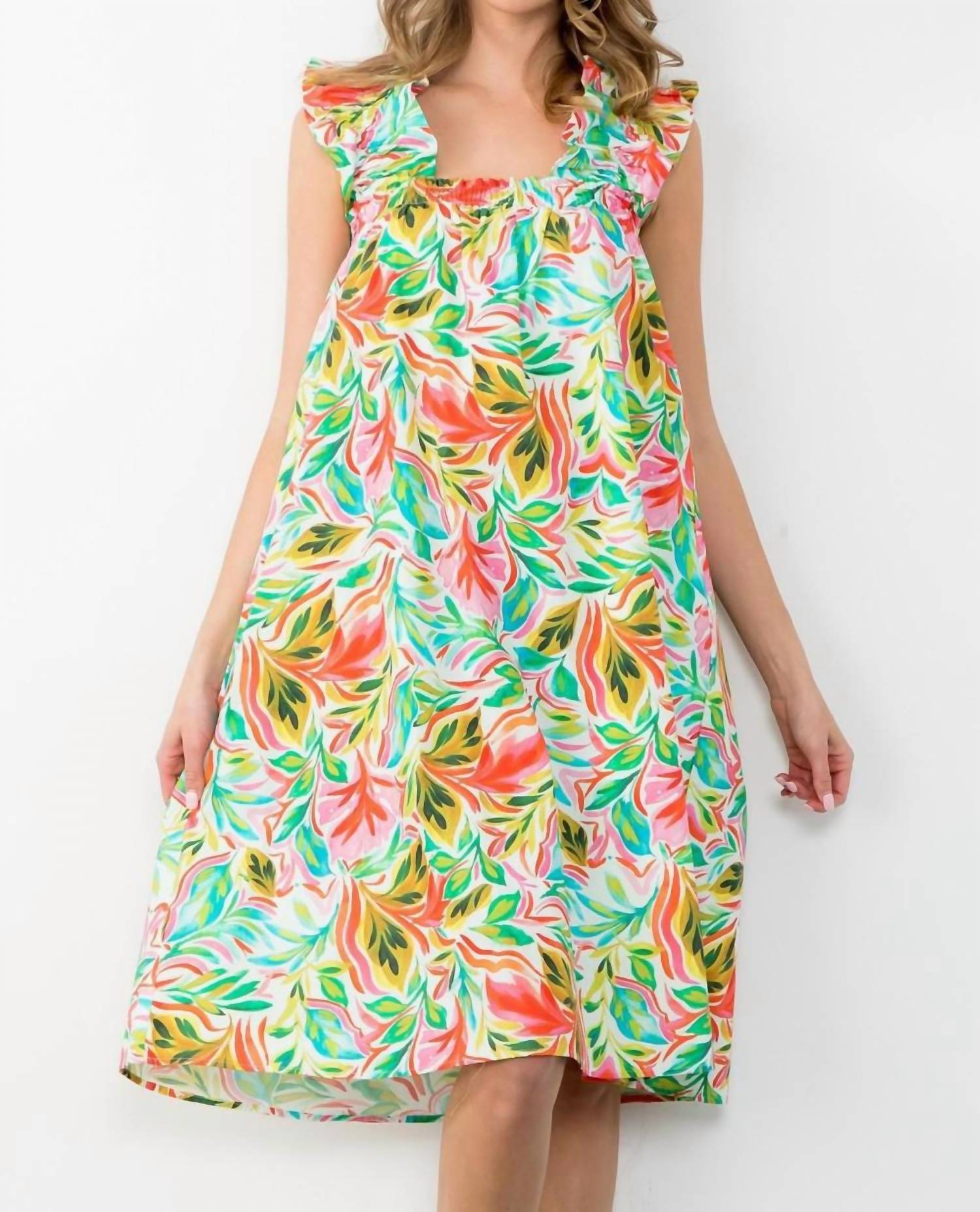 Thml - Ruffle Sleeve Tropical Leaf Print Midi Dress