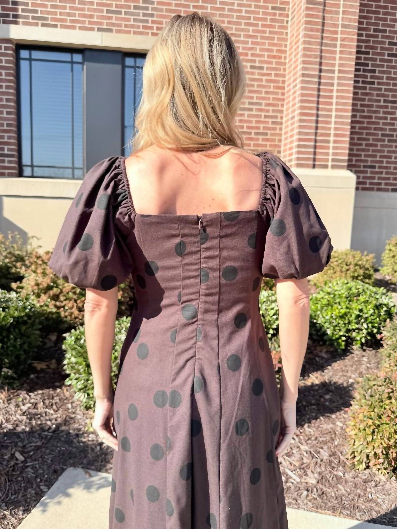 Aureum Polka Dot Linen Midi Dress in brown - women's dress - detail view