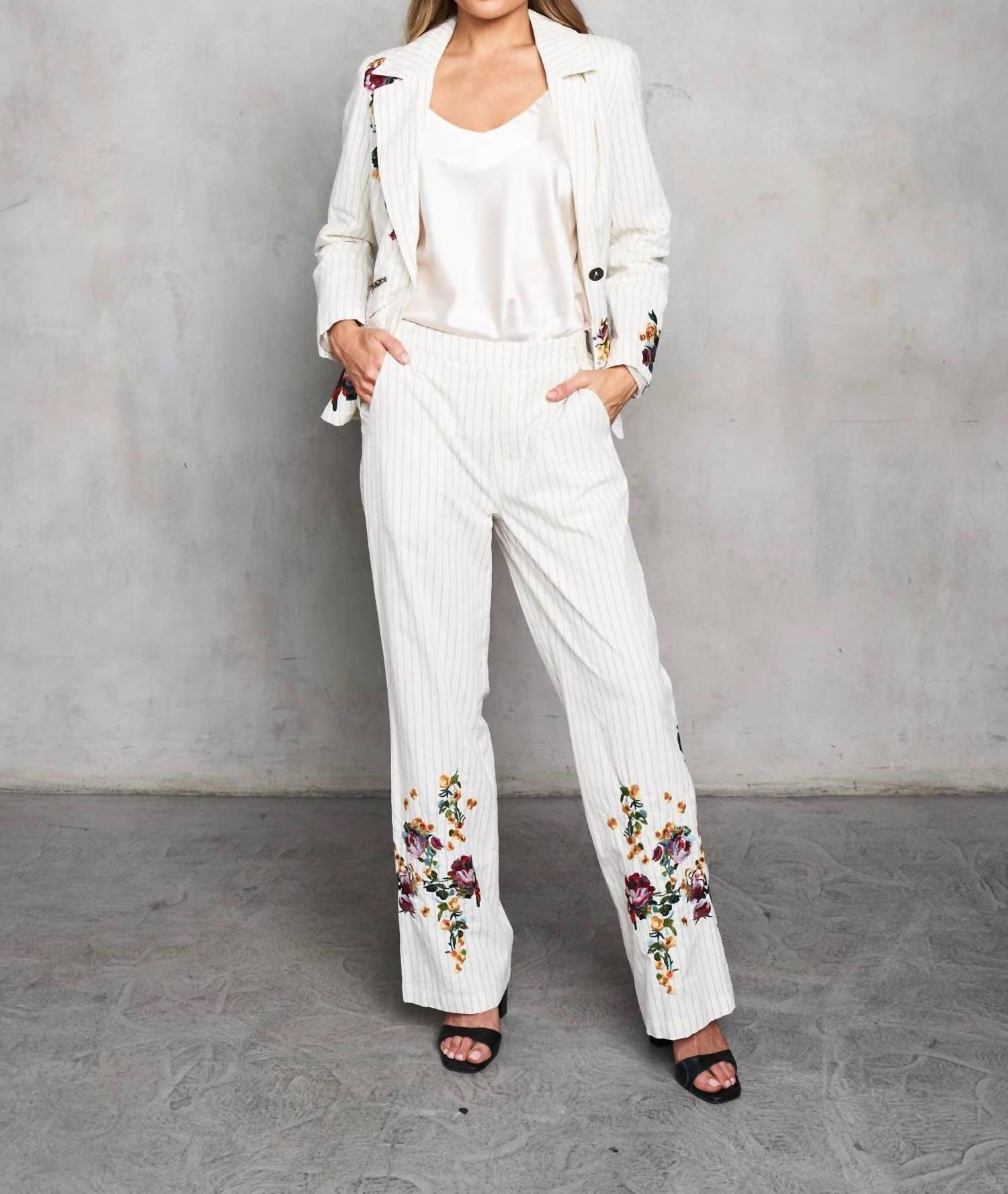 Paparazzi - Woven Yarn Dyed Pin Striped Embroidered Trim Pant