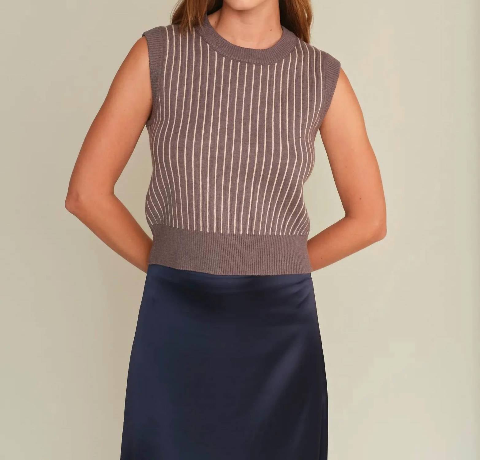 DELUC Bruce Knit Vest in grey stripes - women's tank top