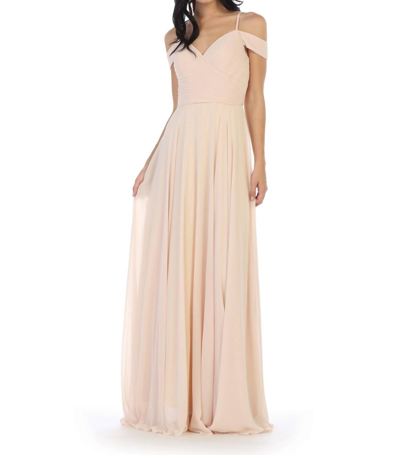 Eva Flowy Chiffon Off Shoulder Dress in champnage - women's dress