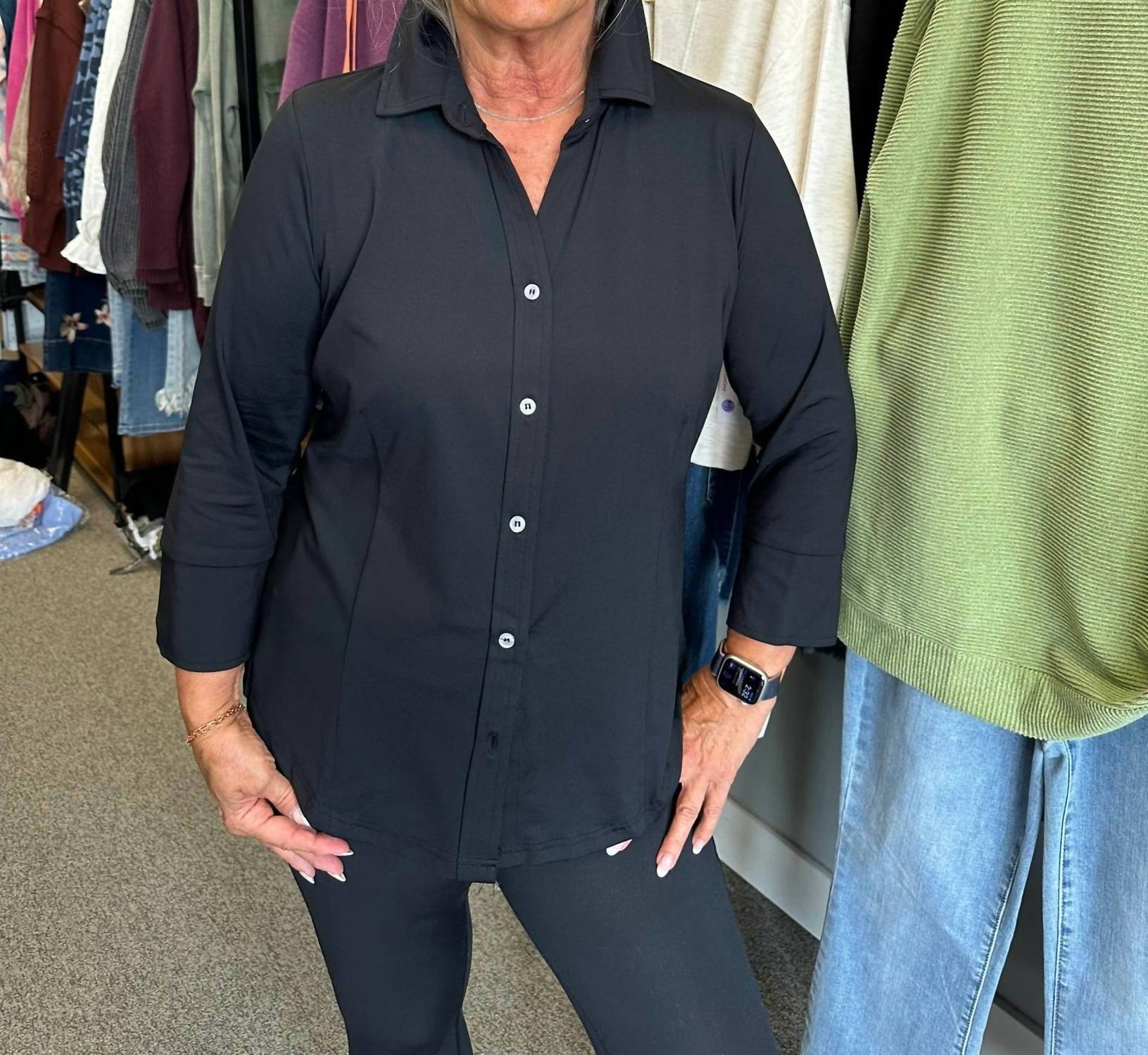 Lulu-B Button Up Collar Shirt in black - women's shirt