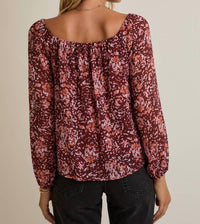 GILLI Women's Square Neck Top in burgundy multi - women's blouse - detail view