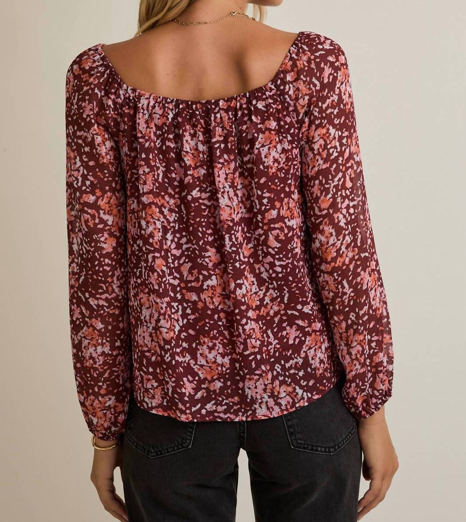 GILLI Women's Square Neck Top in burgundy multi - women's blouse - detail view