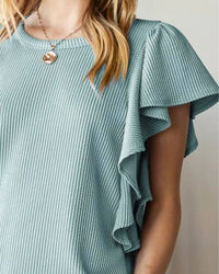 Heimish Usa - Ruffled Sleeve Solid Ribbed Top