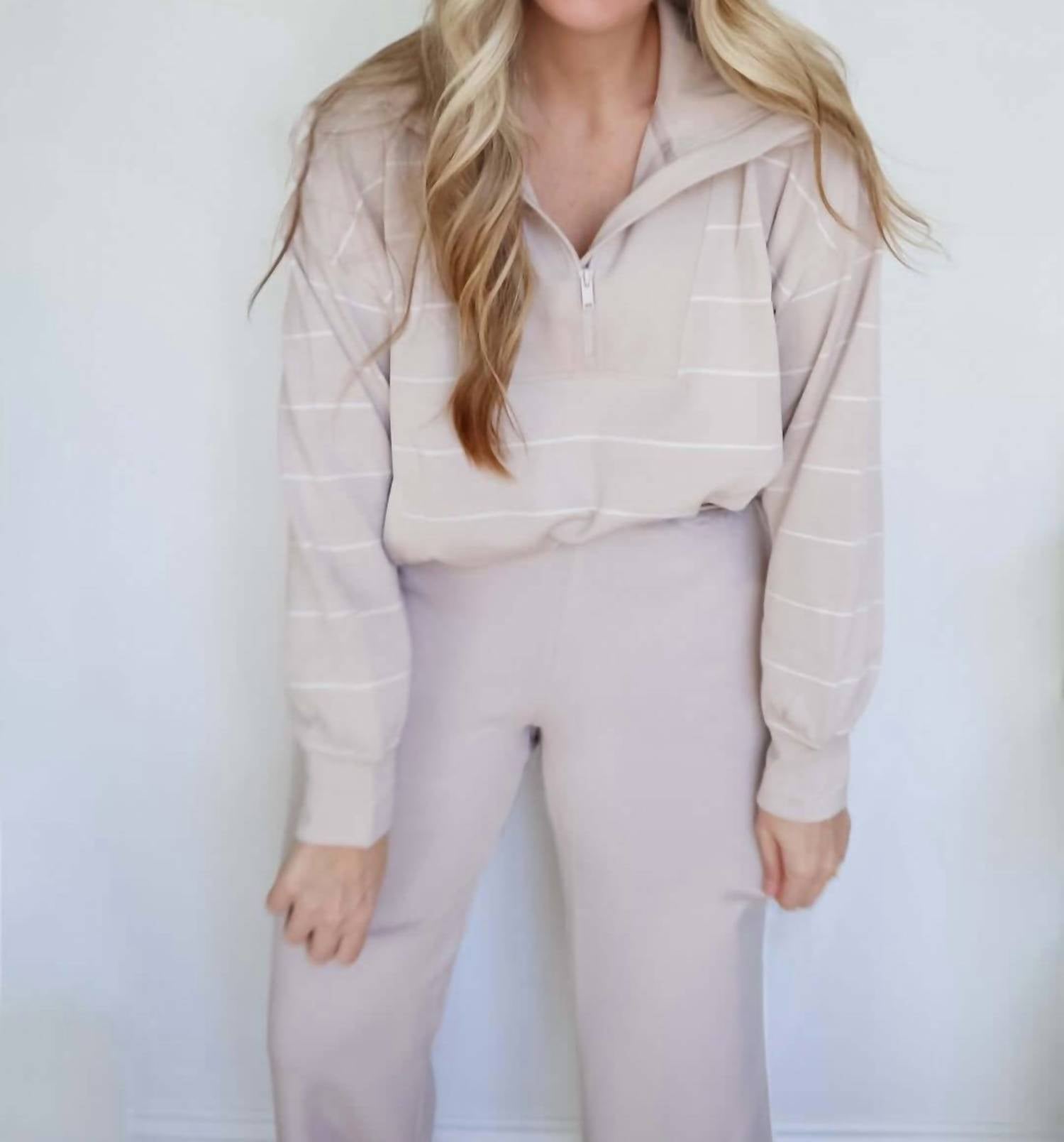 Rae Mode - Victoria Stripe Quarter Zip Top & Piping Straight Leg Pant Set
