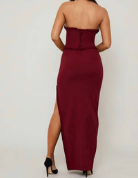 Oh Polly - Halterneck Lace-up Corset Maxi Dress