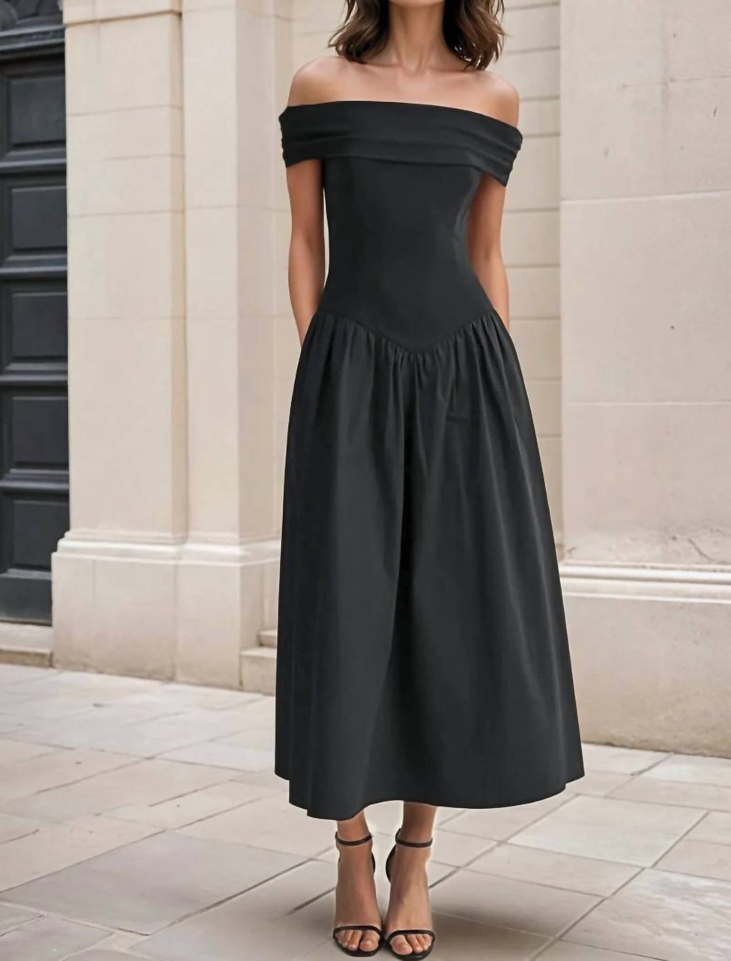 Mustard Seed - Heidi Basque Waist Off-Shoulder Midi Dress