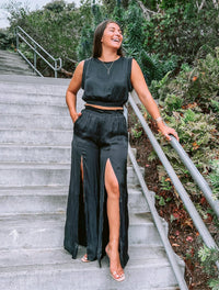By Together Satin Crop Top and High Slit Wide Leg Pant 2 Piece Set in black - women's pants
