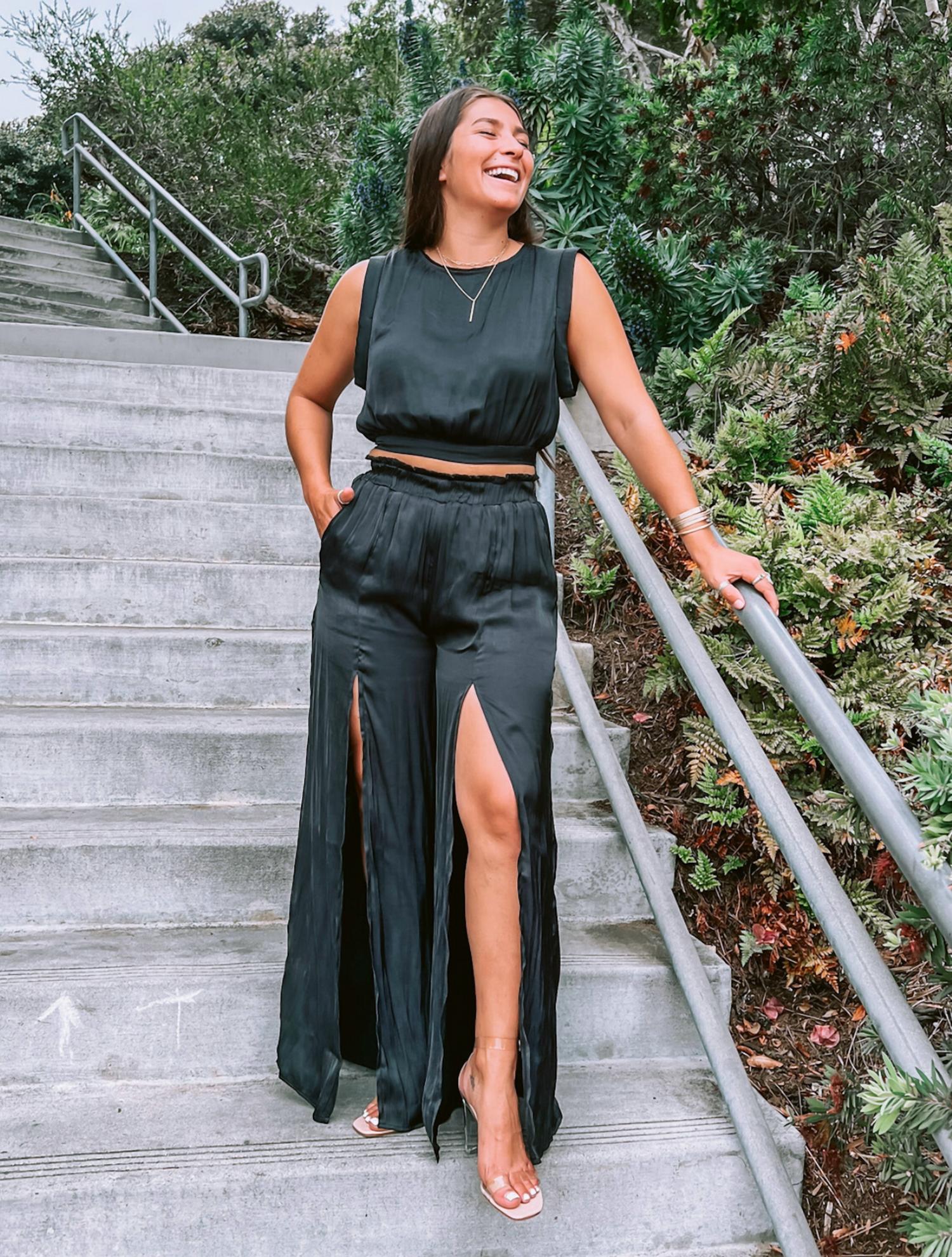 By Together Satin Crop Top and High Slit Wide Leg Pant 2 Piece Set in black - women's pants