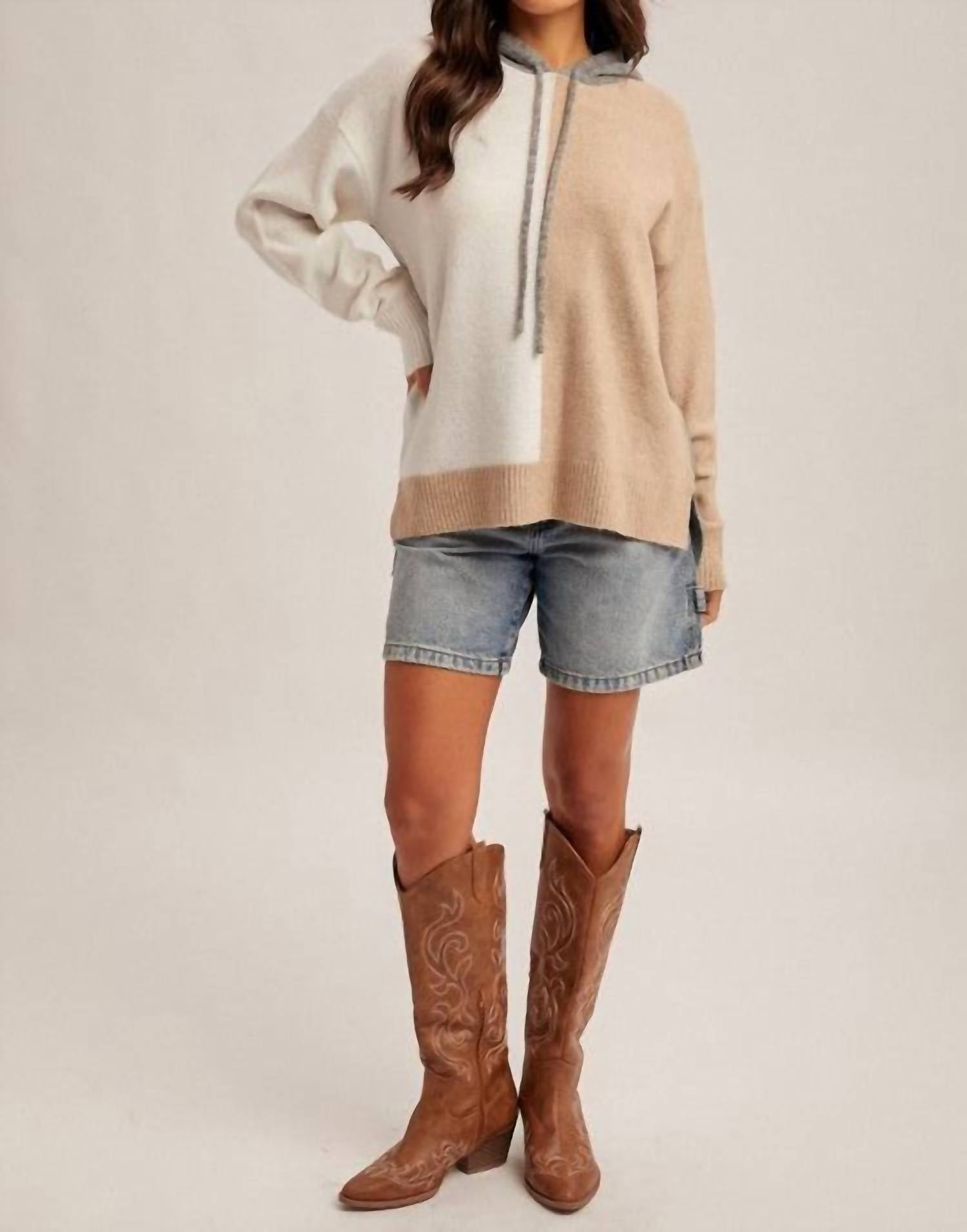 Hem & Thread - Color Block Hoodie Knit Sweater