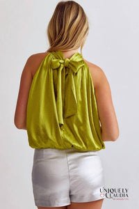 entro Carola Embellished Halter Top in martini olive - women's blouse - detail view