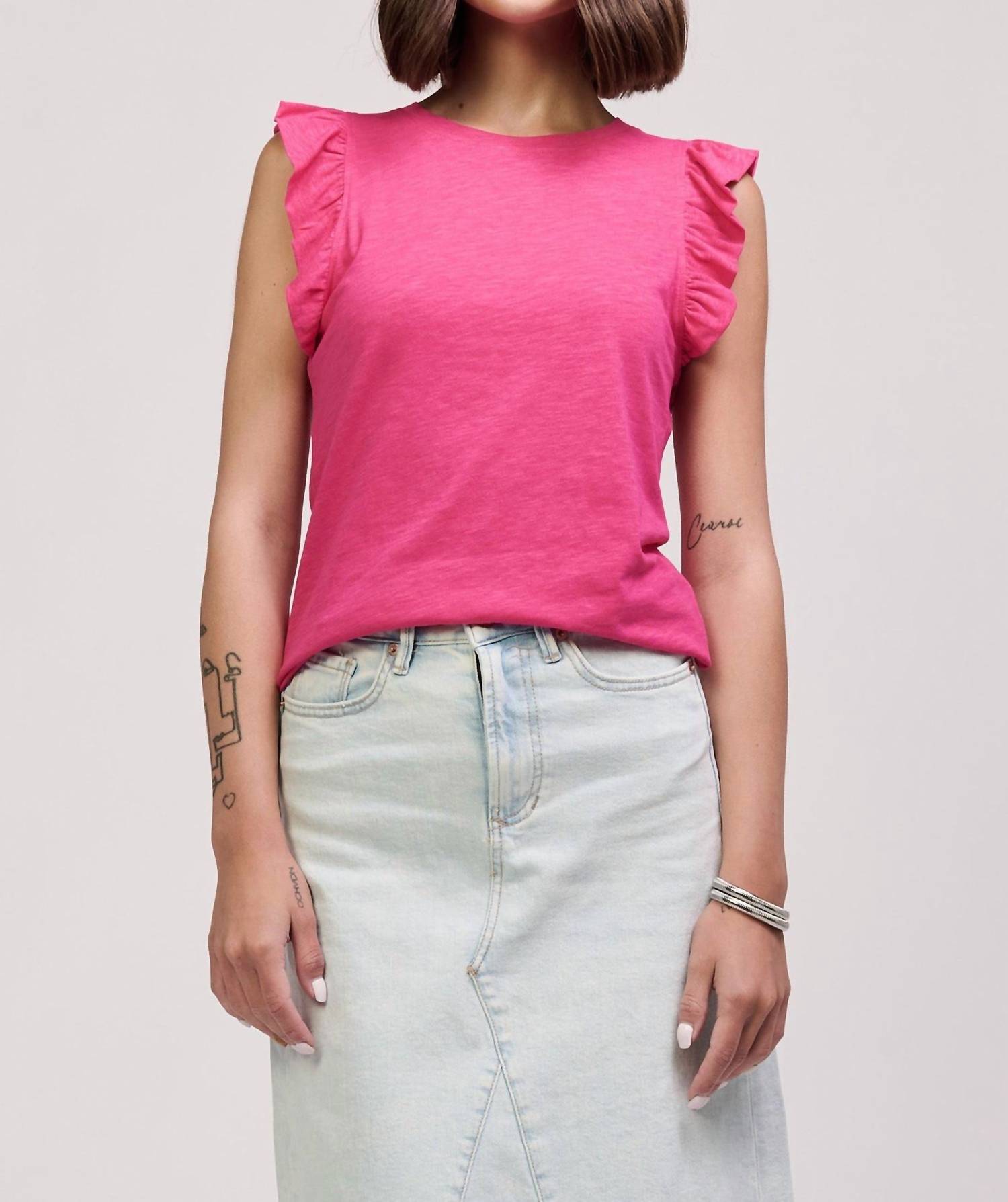 Another Love North Ruffle Trimmed Sleeve Slub Tank in pink paradise - women's blouse