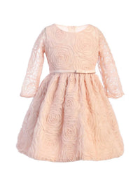 Sweet Kids - Three Quarter Sleeve Rosette Mesh Satin Dress