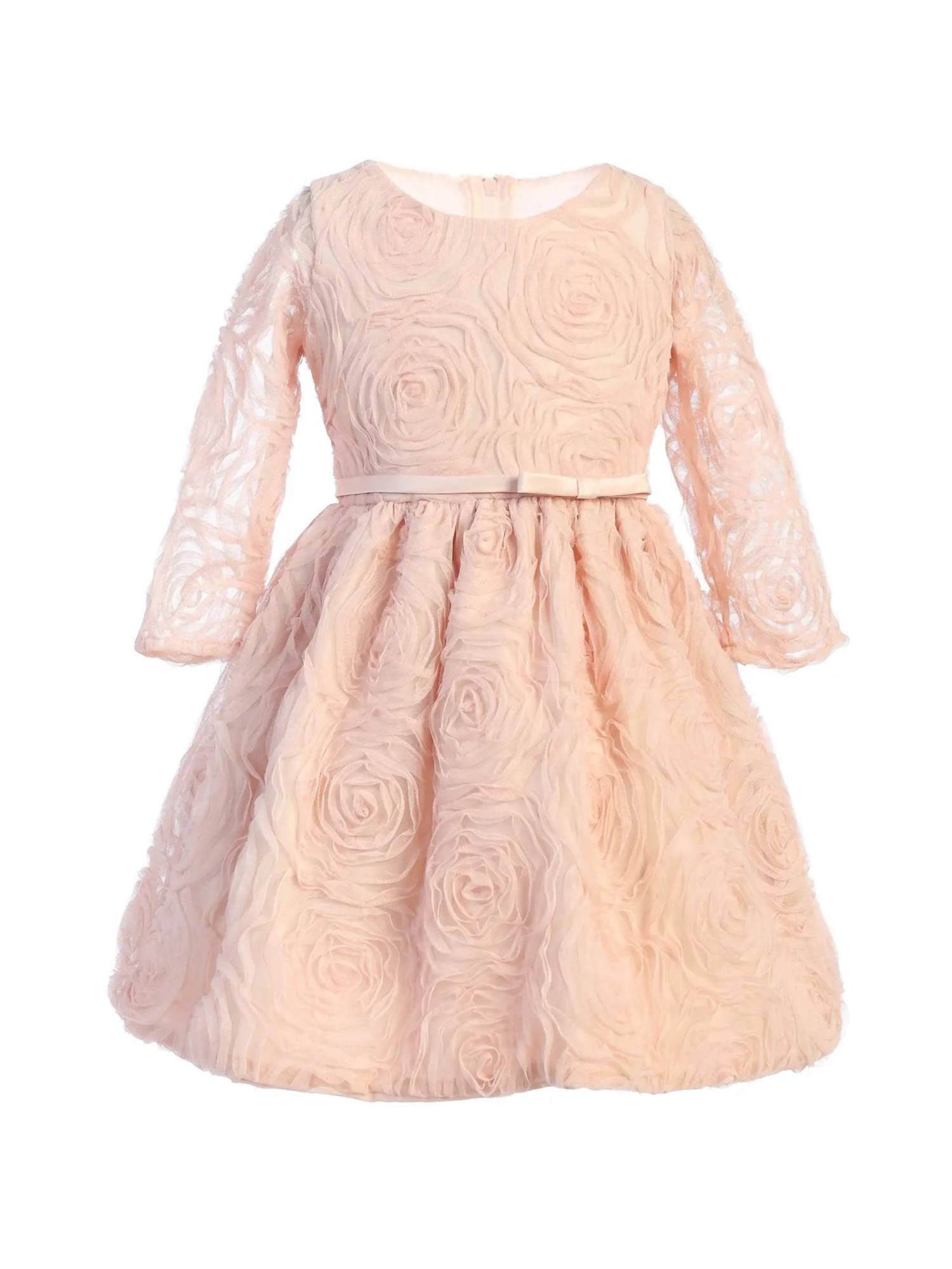 Sweet Kids - Three Quarter Sleeve Rosette Mesh Satin Dress