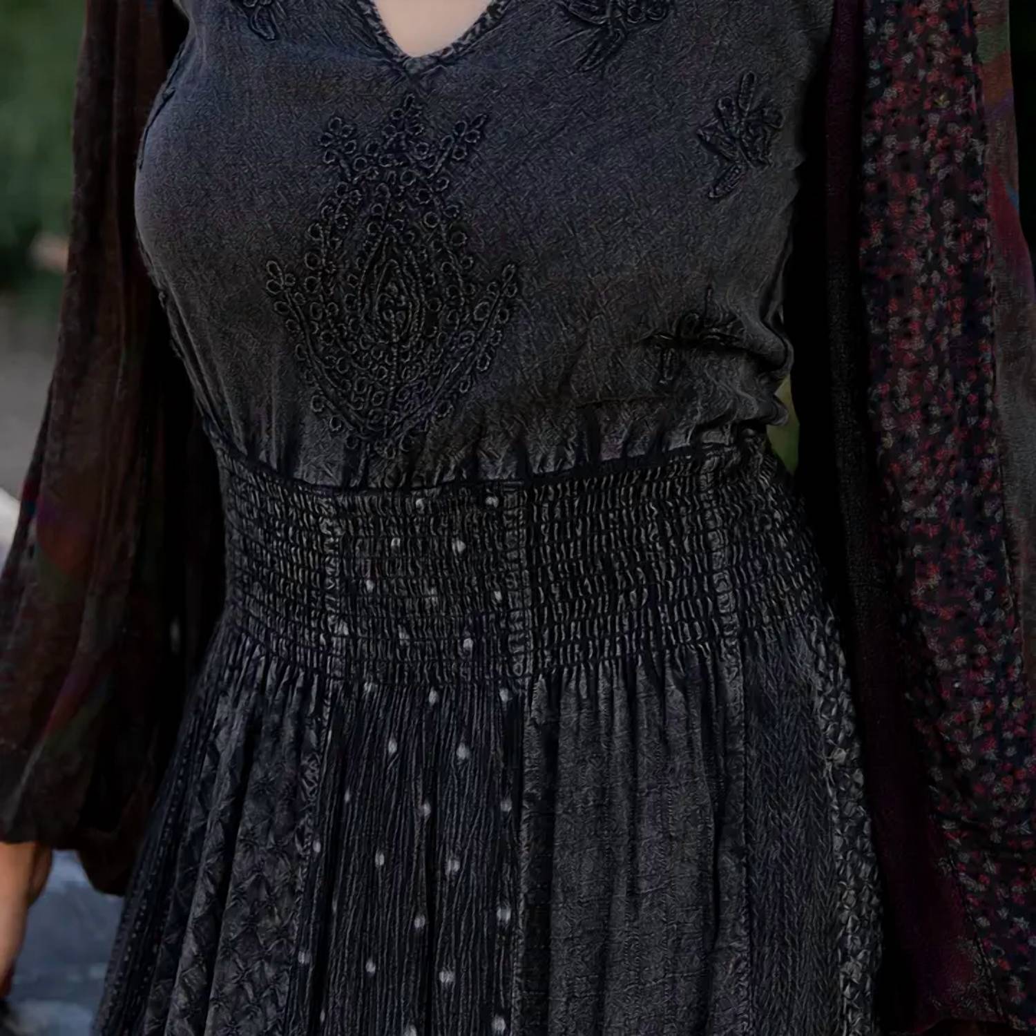 Young Threads - Embroidered Ruffle Maxi Smocked Dress with Sheer Sleeves