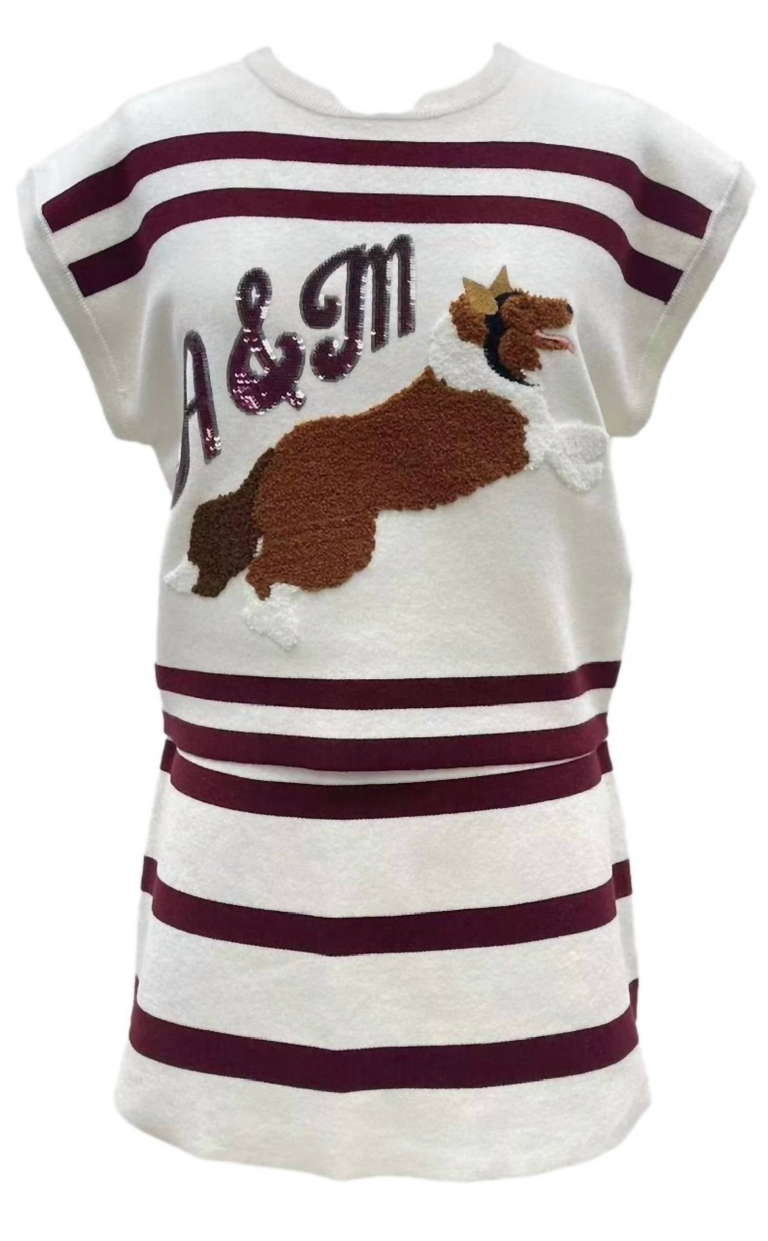 QUEEN OF SPARKLES Striped A&m Collie Dog Short Sleeve Top in maroon white - women's t-shirt - view 4
