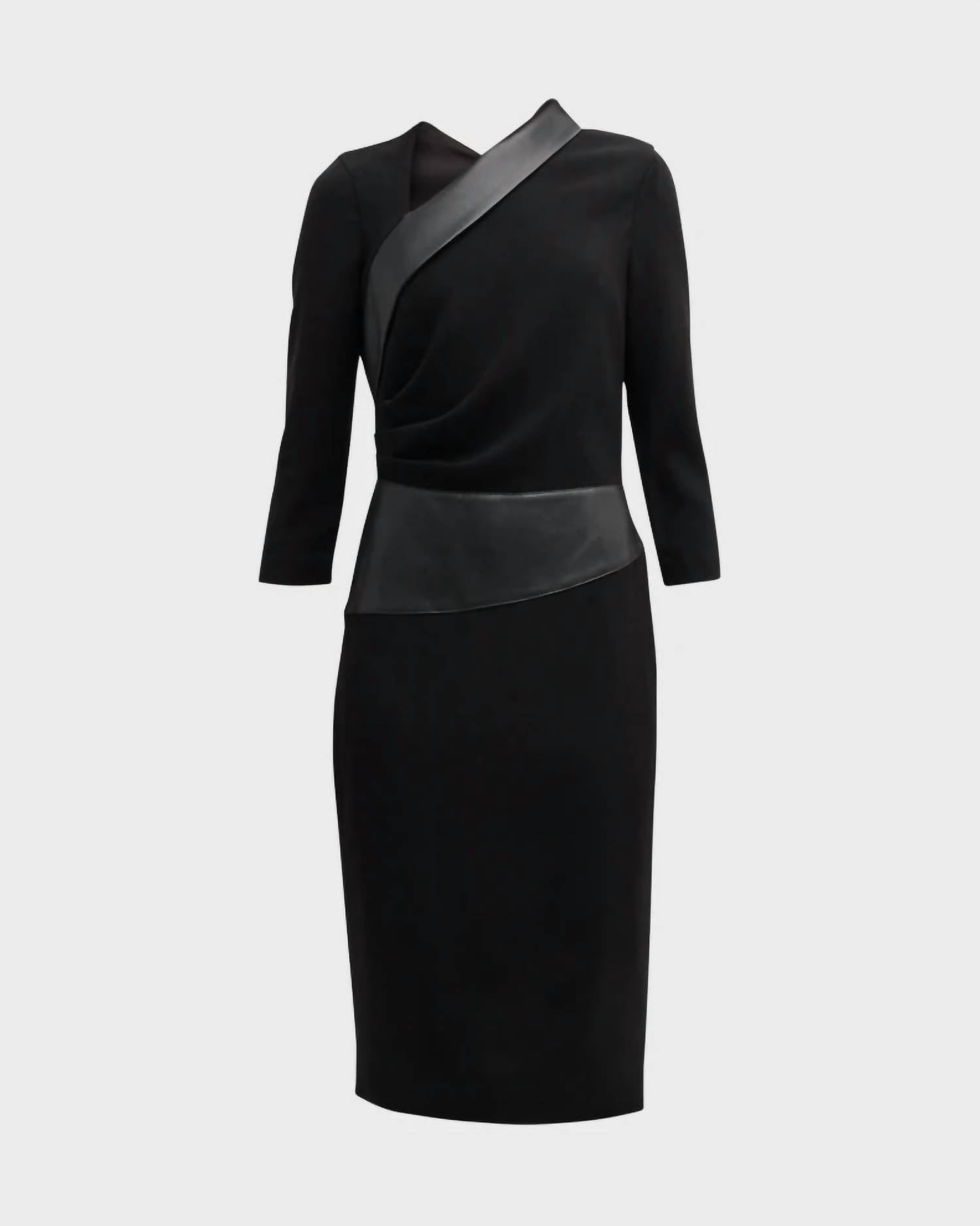 Teri Jon - Faux Leather Trim Crepe Dress