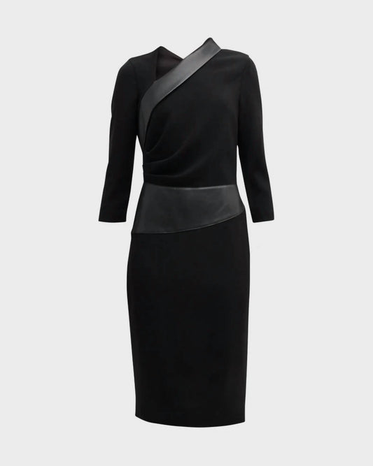 Teri Jon - Faux Leather Trim Crepe Dress