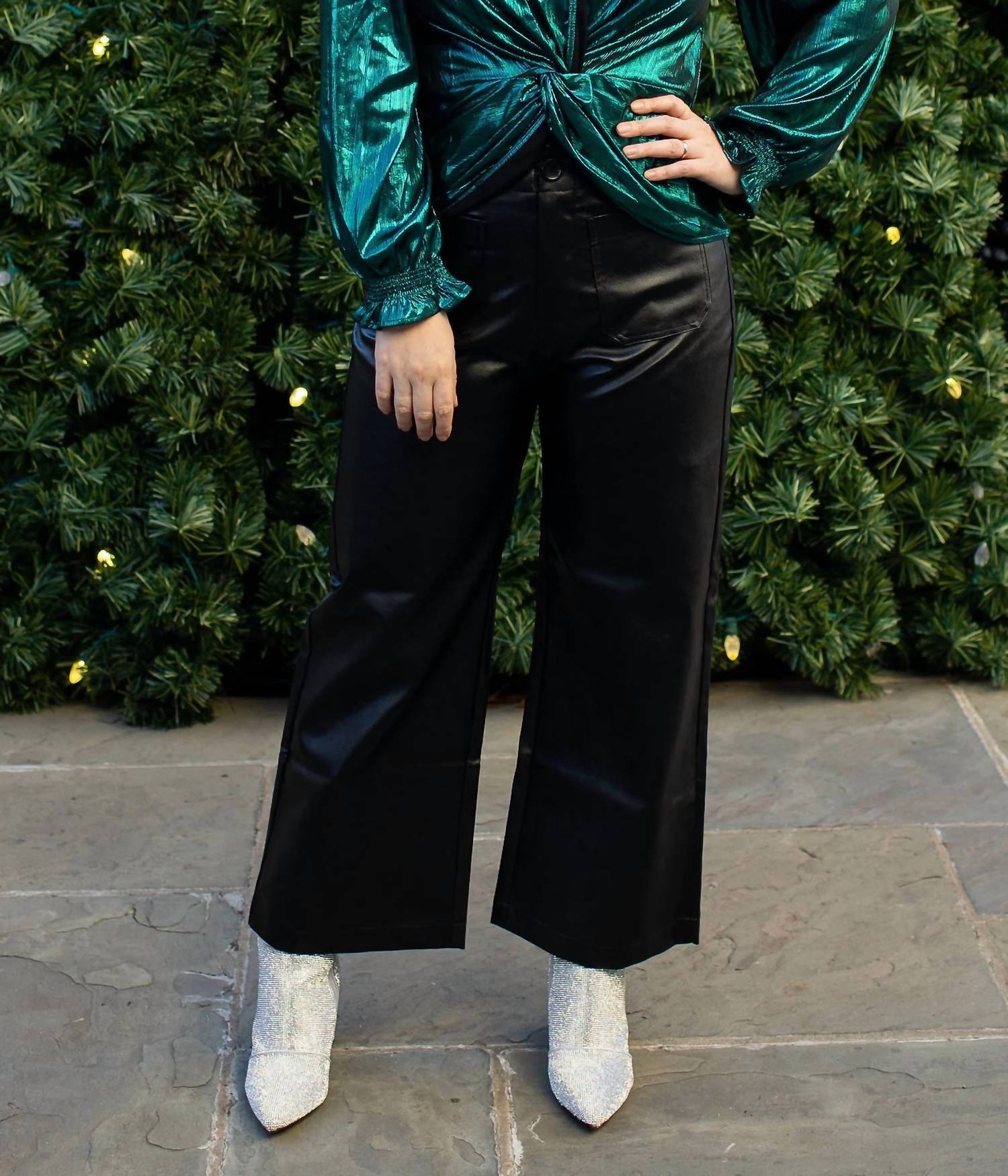 Voy - Double Pocket Faux Leather Wide Leg Pants