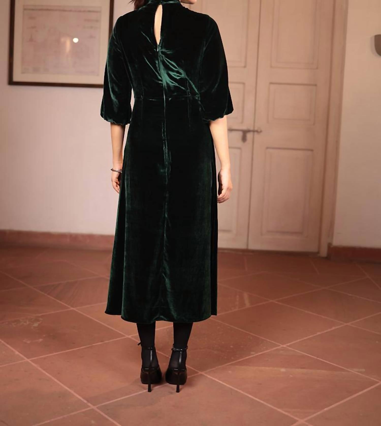 Ornaete Nitika Velvet Midi Dress in forest - women's dress - alternate view