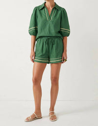 Naked Zebra - Contrast Trim Puff Sleeve Linen Blouse