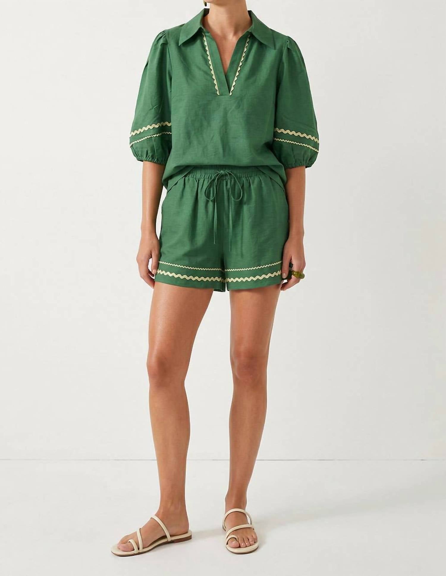 Naked Zebra - Contrast Trim Puff Sleeve Linen Blouse