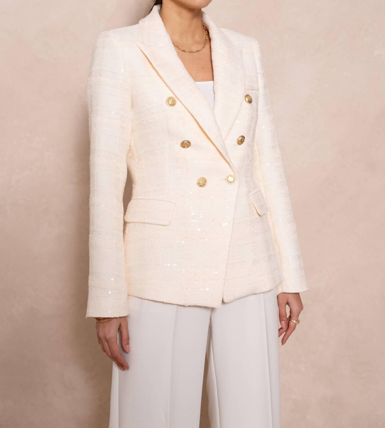European Linen Collection - Structured Tweed Blazer With Double Gold Buttons