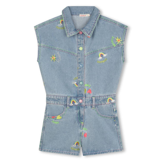 Billieblush - Girls Allover Flower Embroidery Denim Shortall