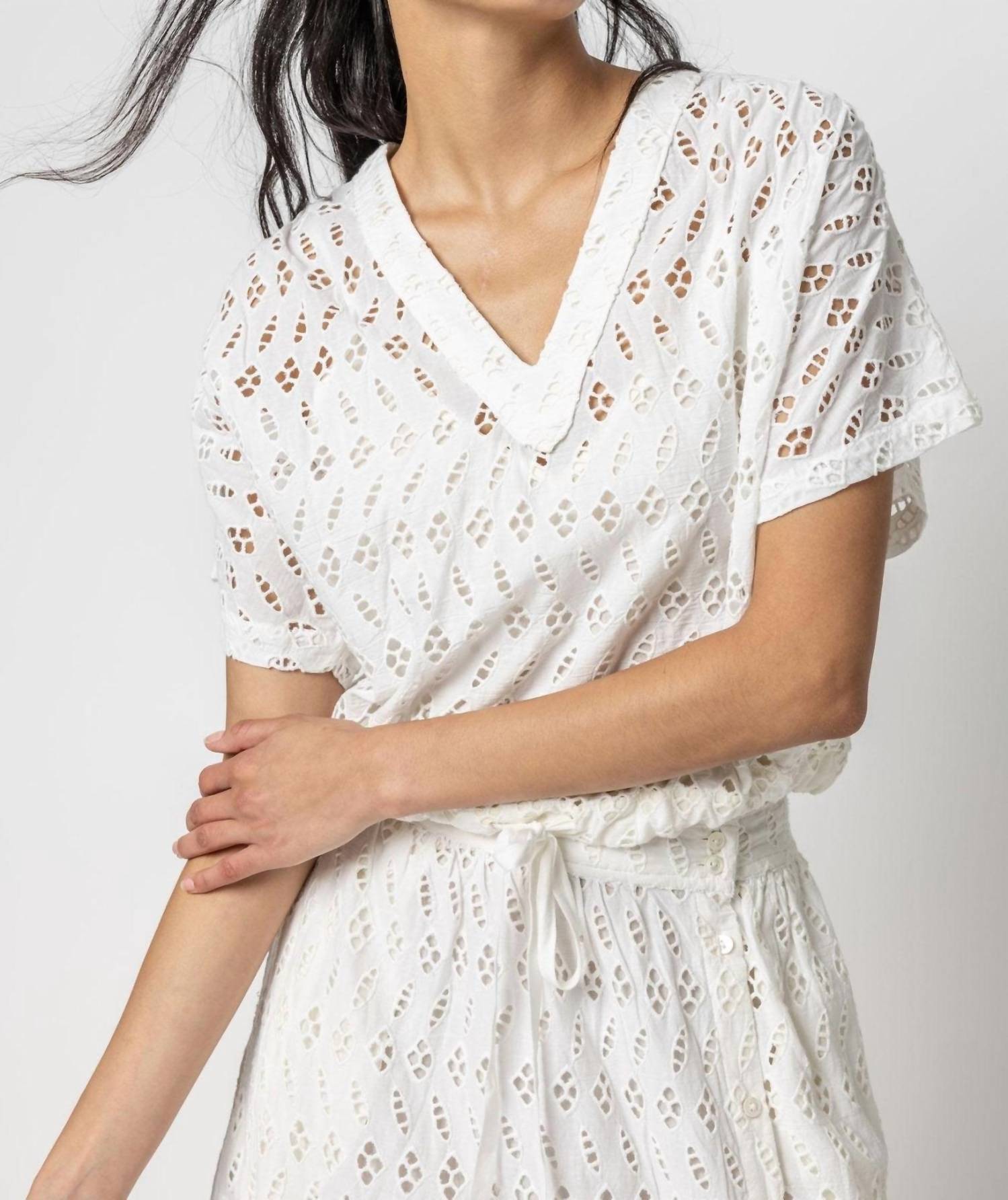 Lilla P - Eyelet Drawstring Dolman V-neck Top