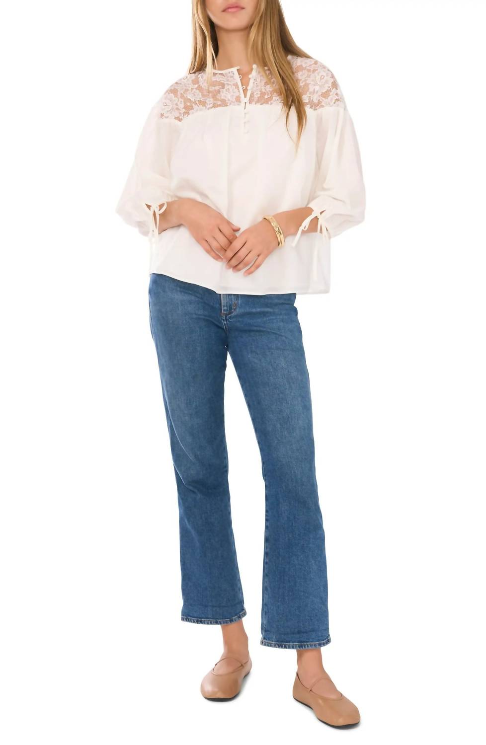 1.STATE Lace-yoke 3/4-sleeve Top in ivory - women's blouse - detail view